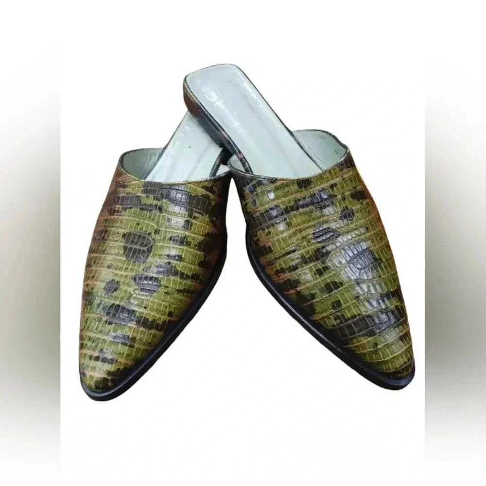 JB Martin Pointed Reptile Pattern Slip On Green Slides Shoes Size 38.5